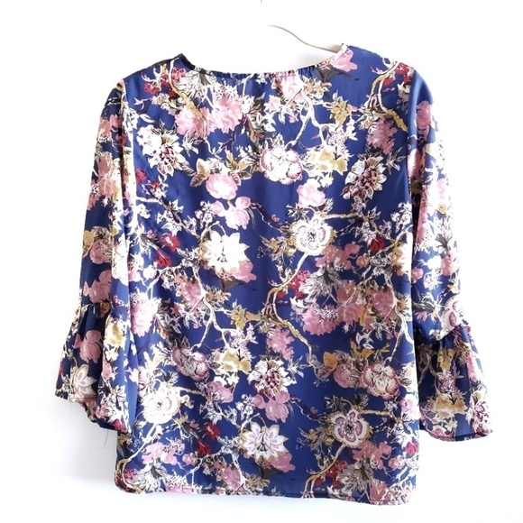 Como Vintage Top XS Floral Bell Sleeve Blue Blouse - Picture 4 of 6